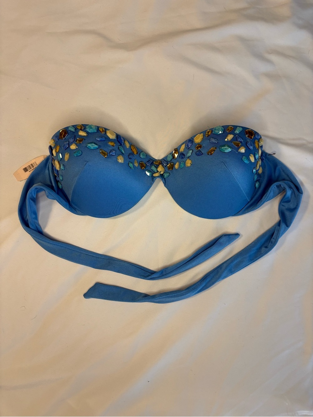 Blue Strapless Bikini Top with Gem Embellishment 34DD